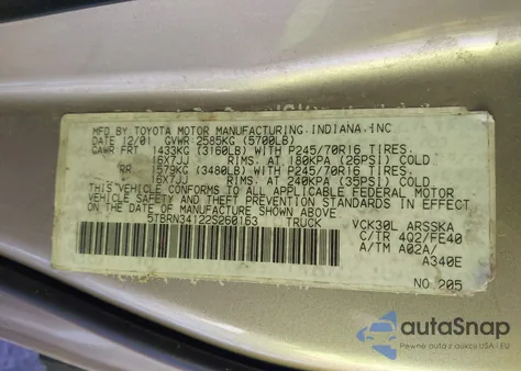 2002 Toyota Tundra Sr5 из США, поврежденный, VIN 5TBRN34122S260163